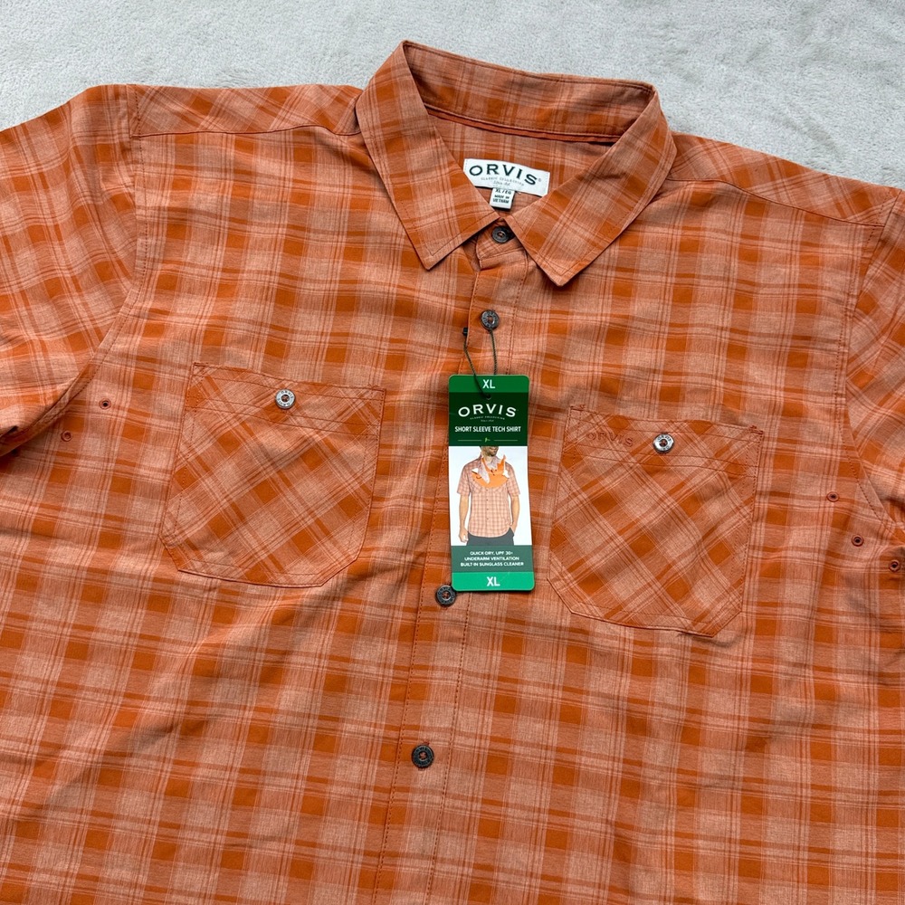 Orvis Tech Shirt Mens XL Orange Plaid Short Sleeve Quick Dry Ventilated Hiking